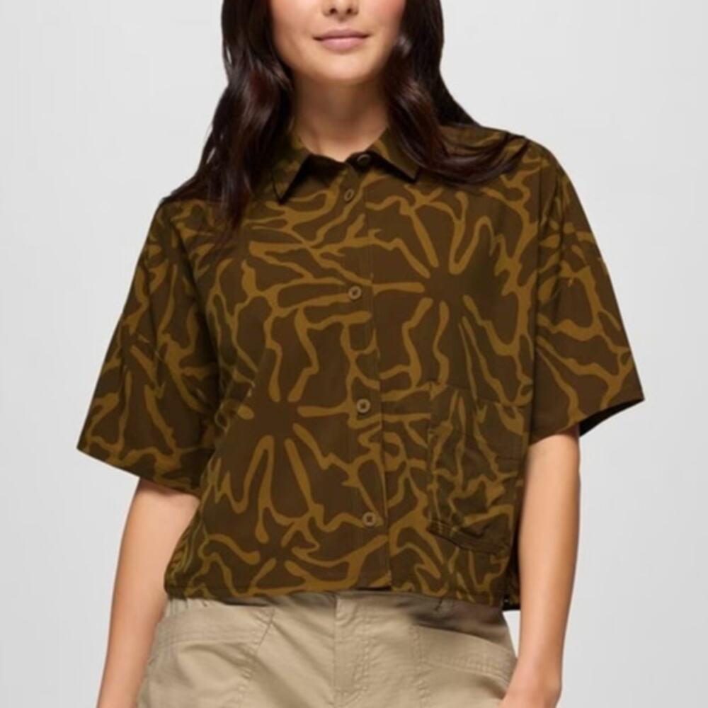 Prana Railay SS Button Down Shirt Womens XS Retro Olive Boogie Bloom Relaxed Fit